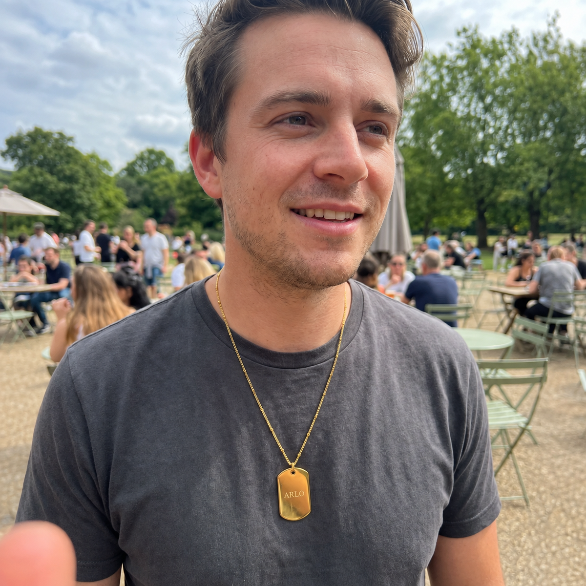 Custom Dog Tag Necklace UGC photo - customer wearing personalized gold dog tag necklace outdoors Anthology Jewelry