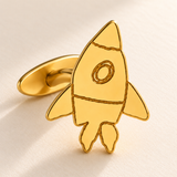 Custom Drawing Cufflinks macro detail photo - complete gold rocket drawing face and fixed rear plate, design concept Anthology Jewelry