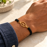 Custom Drawing Cutout Bracelet | Men's Black Braided Cord professional photo - gold open hand-drawn leaf, generated design concept Anthology Jewelry