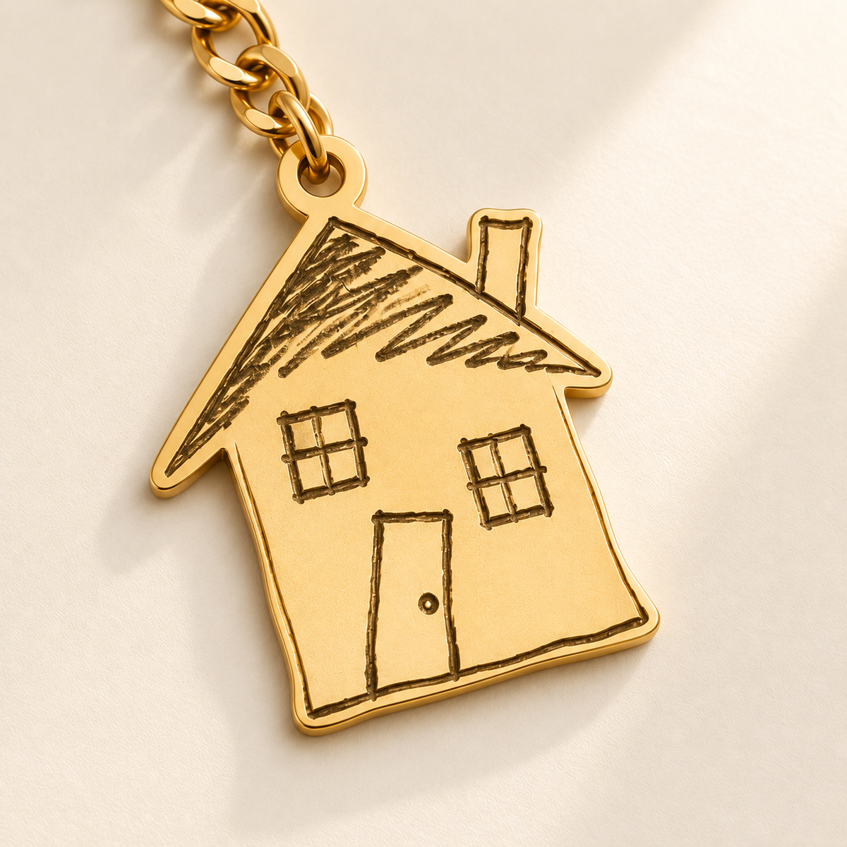 Custom Drawing Keychain macro detail photo - complete house drawing charm in gold, design concept Anthology Jewelry