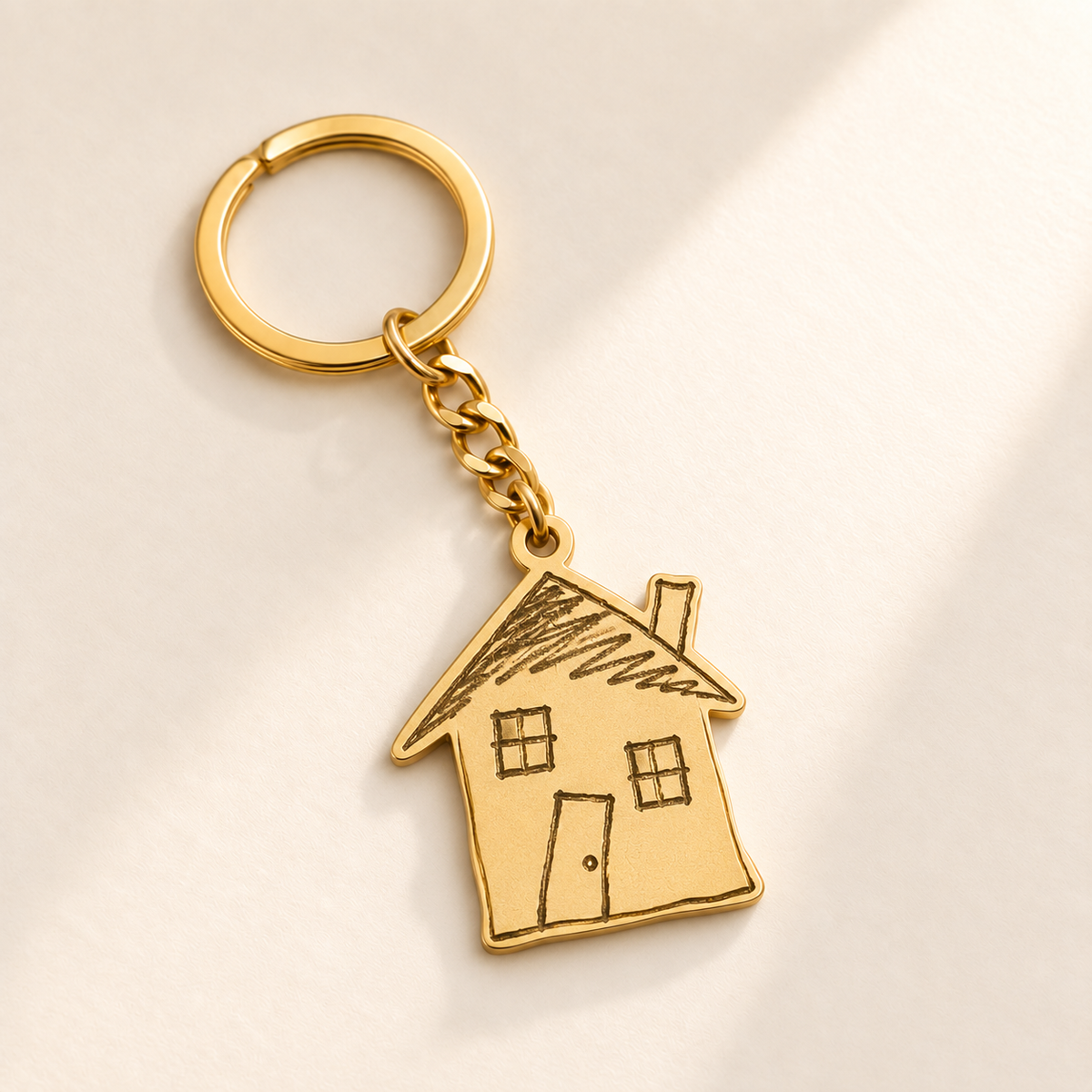 Custom Drawing Keychain hero photo - original child-drawn house with split keyring Anthology Jewelry