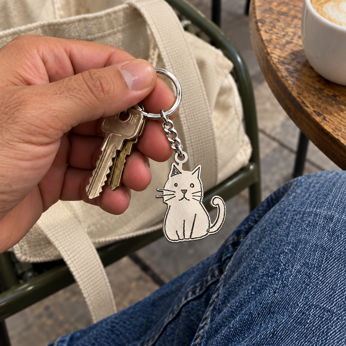 Custom Drawing Keychain ugc photo - silver hand-drawn cat, generated design concept Anthology Jewelry