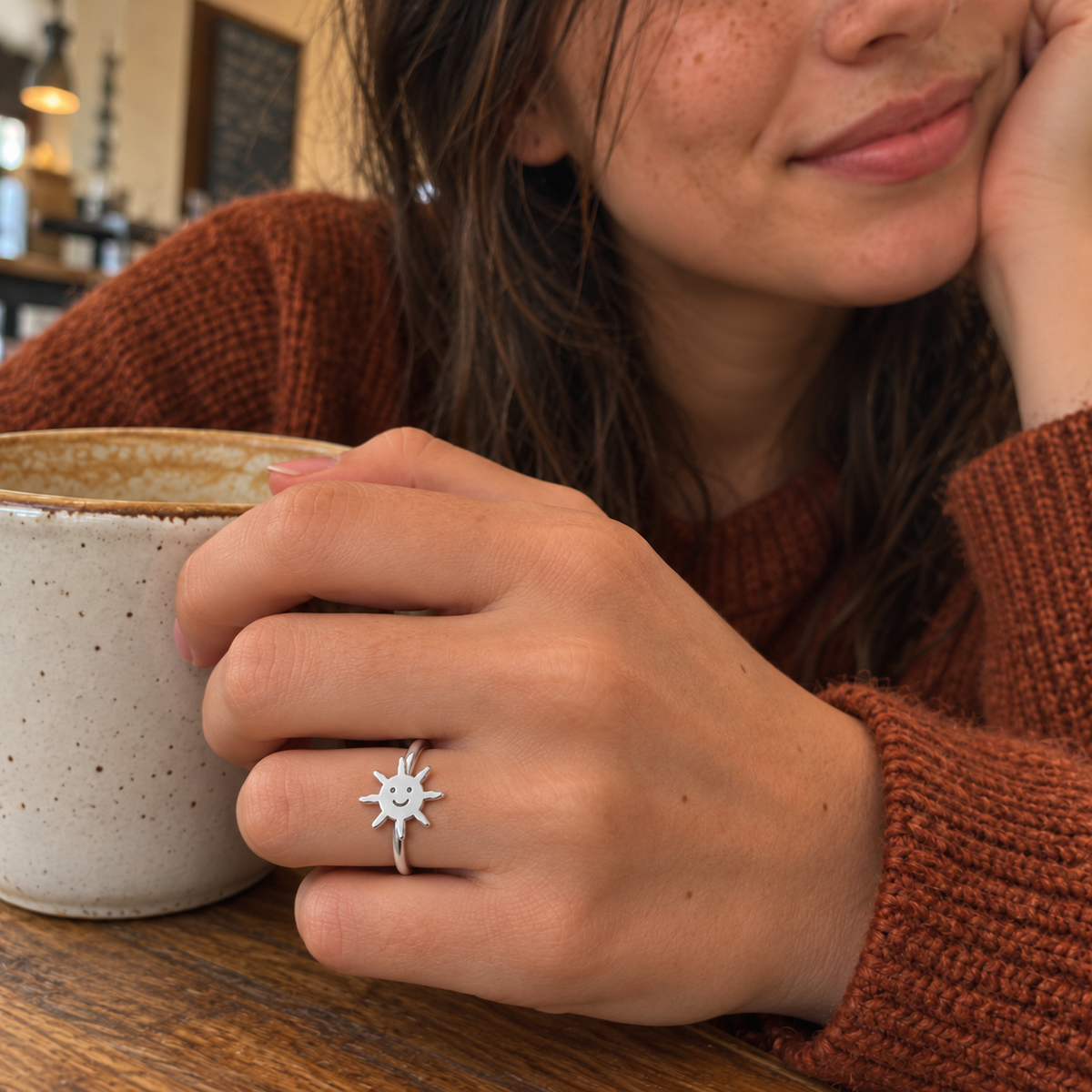 Custom Drawing Ring UGC photo - silver filled hand-drawn sun with engraved face, generated design concept Anthology Jewelry