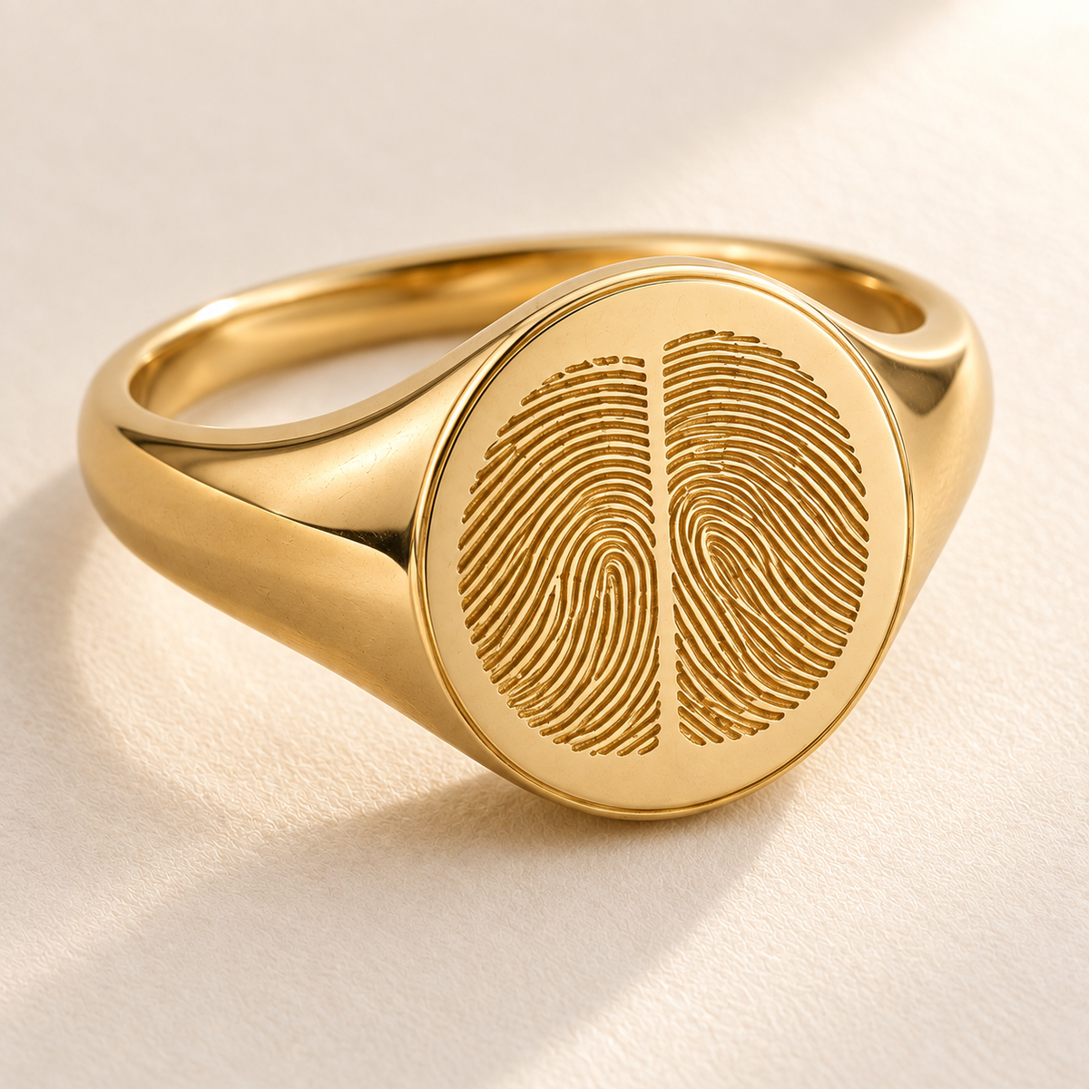 Custom Duo Fingerprint Signet Ring detail photo - macro closeup of two fingerprints engraved on gold signet ring Anthology Jewelry