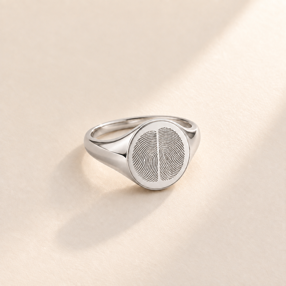 Custom Duo Fingerprint Signet Ring hero photo - silver duo fingerprint signet ring with two engraved fingerprints Anthology Jewelry