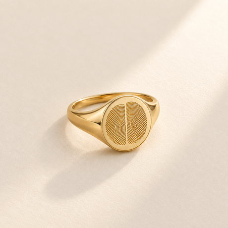 Custom Duo Fingerprint Signet Ring hero photo - gold duo fingerprint signet ring with two engraved fingerprints Anthology Jewelry