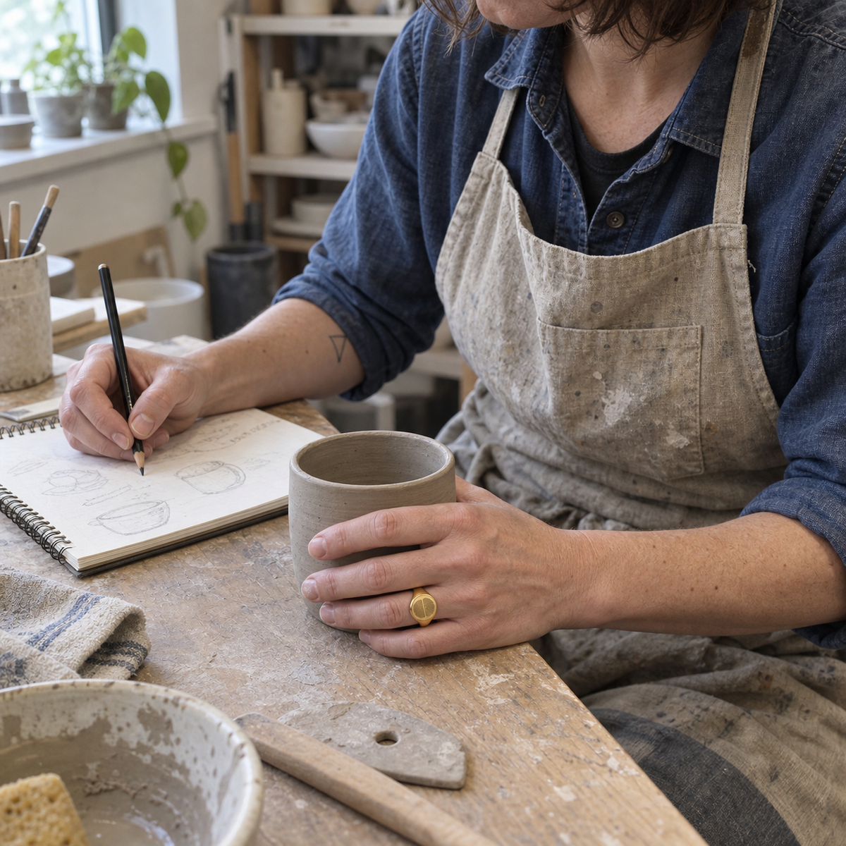 Custom Duo Fingerprint Signet Ring lifestyle photo - woman wearing gold duo fingerprint signet ring in pottery studio Anthology Jewelry