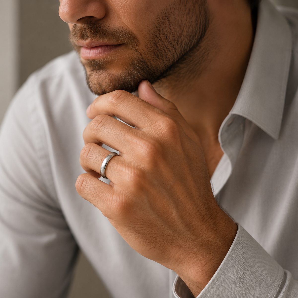Custom Engravable Wedding Band Lifestyle Photo - Worn By Groom Anthology Jewelry.
