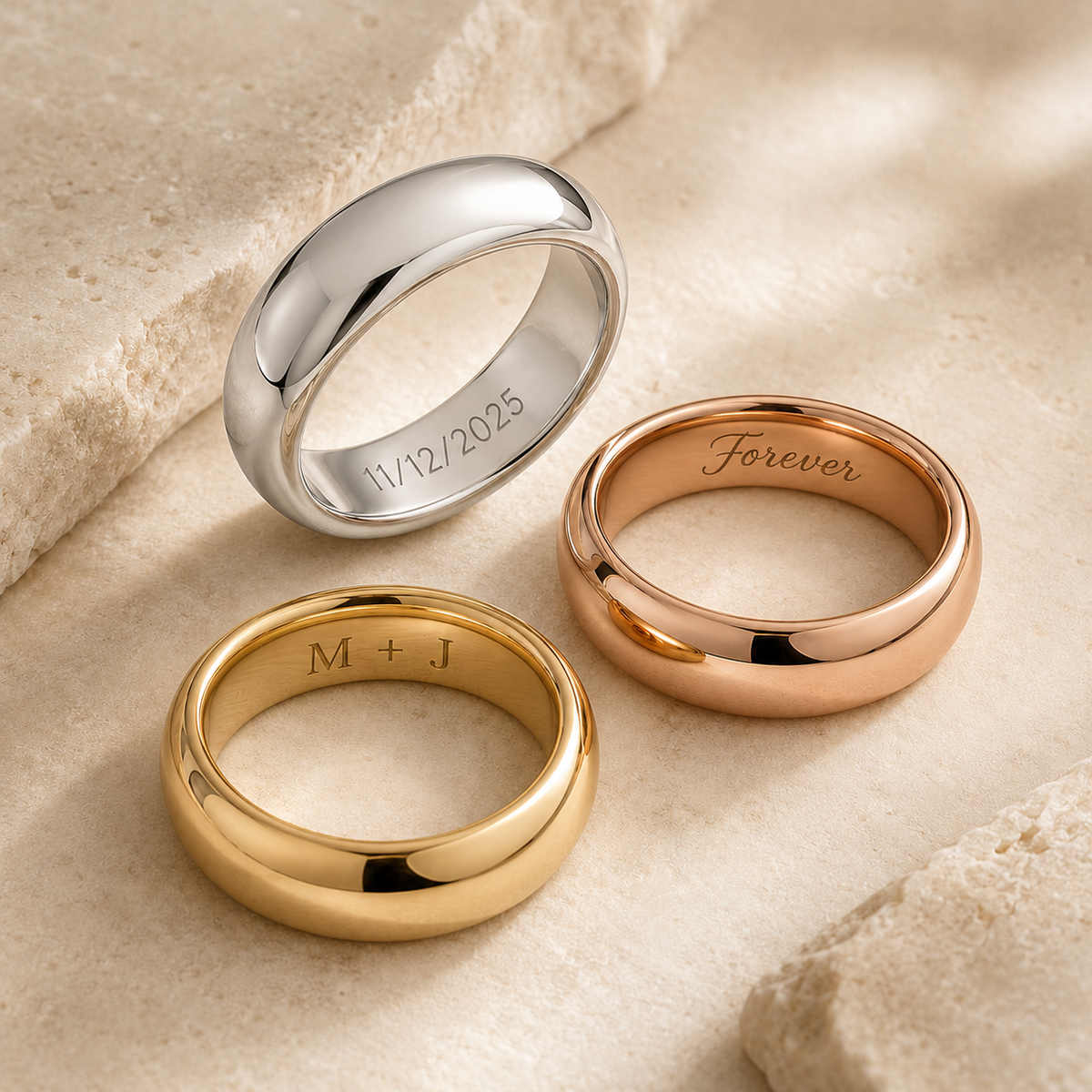 Custom Engravable Wedding Band Sterling Silver Finish - Polished Anthology Jewelry.