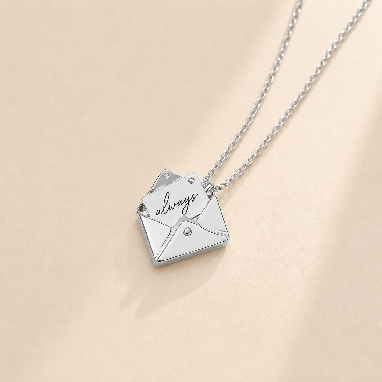 Custom Envelope Necklace alternate angle detail - personalized message pendant Anthology Jewelry
