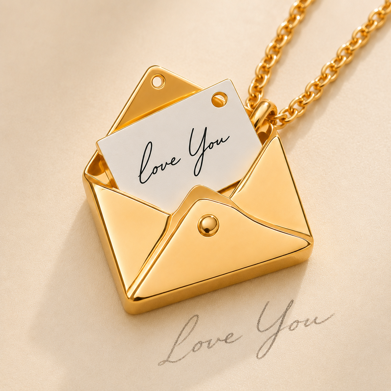 Custom Envelope Necklace worn lifestyle photo - personalized message necklace Anthology Jewelry