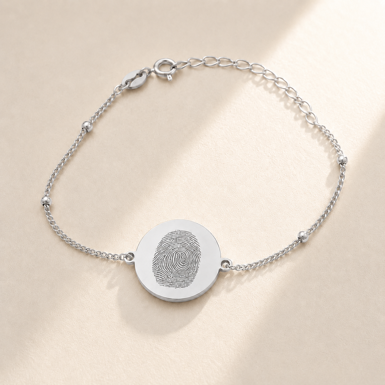 Custom Fingerprint Bracelet close up detail - engraved fingerprint bracelet Anthology Jewelry