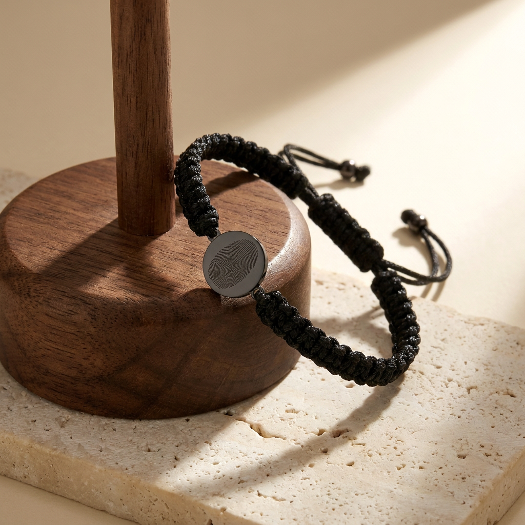 Custom Fingerprint Bracelet Men's Braided Cord glamour photo - styled on jewelry stand Anthology Jewelry