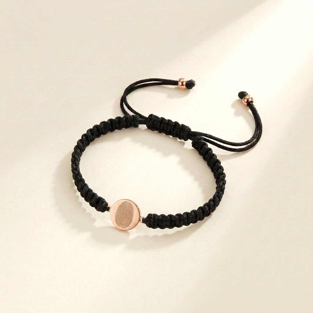 Custom Fingerprint Bracelet Men's Braided Cord rose gold hero photo - small thin flat engraved fingerprint disc charm rose gold finish Anthology Jewelry