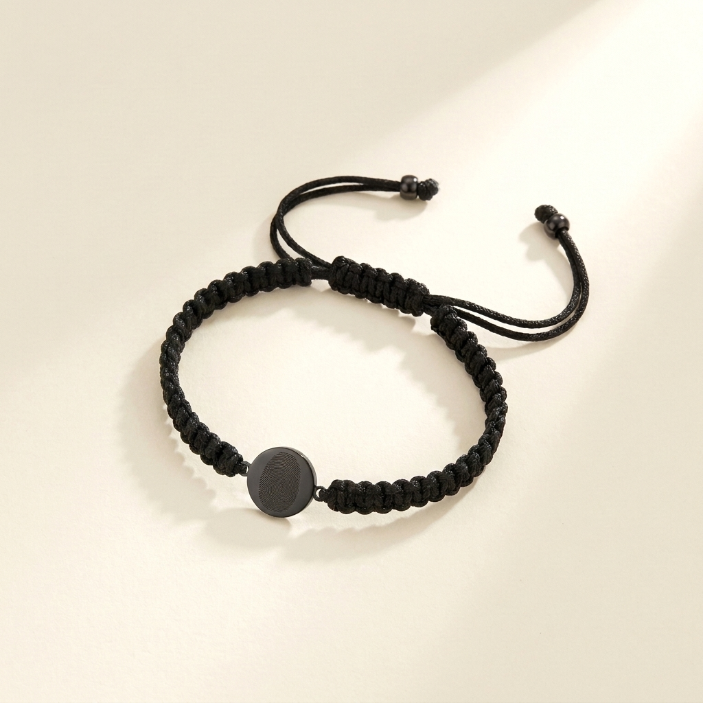 Custom Fingerprint Bracelet Men's Braided Cord black hero photo - small thin flat engraved fingerprint disc charm on black woven cord Anthology Jewelry