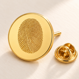 Custom Fingerprint Lapel Pin detail photo - closeup of engraved fingerprint and butterfly clutch on gold pin Anthology Jewelry