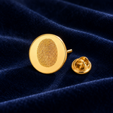 Custom Fingerprint Lapel Pin glamour photo - gold fingerprint pin styled on navy velvet Anthology Jewelry