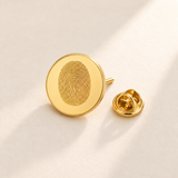 Custom Fingerprint Lapel Pin hero photo - gold lapel pin with engraved fingerprint and butterfly clutch Anthology Jewelry