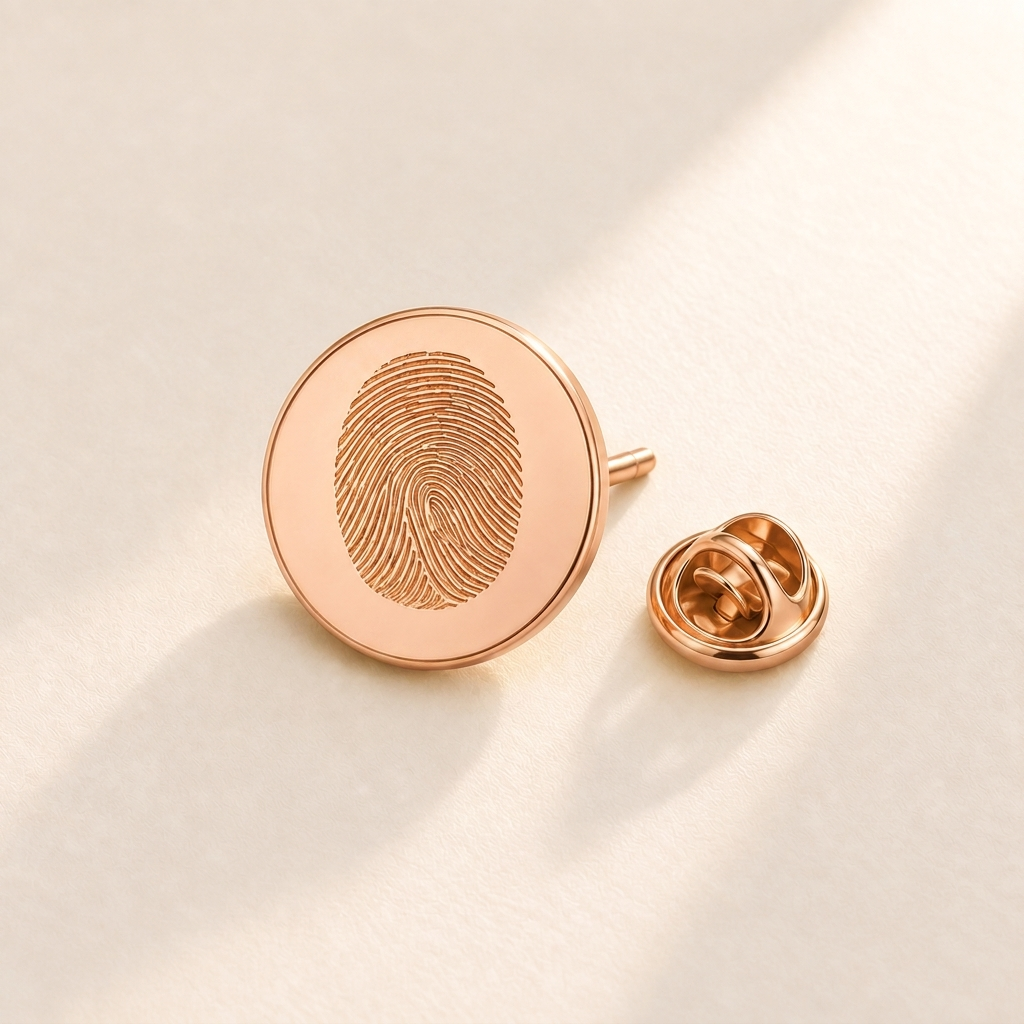 Custom Fingerprint Lapel Pin hero photo - rose gold lapel pin with engraved fingerprint Anthology Jewelry