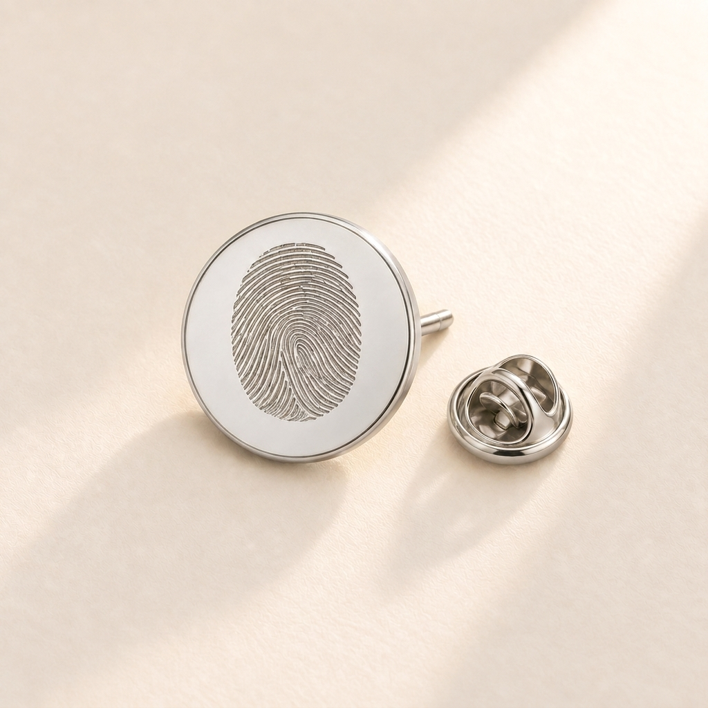 Custom Fingerprint Lapel Pin hero photo - silver lapel pin with engraved fingerprint Anthology Jewelry