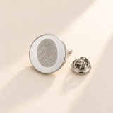 Custom Fingerprint Lapel Pin hero photo - silver lapel pin with engraved fingerprint Anthology Jewelry