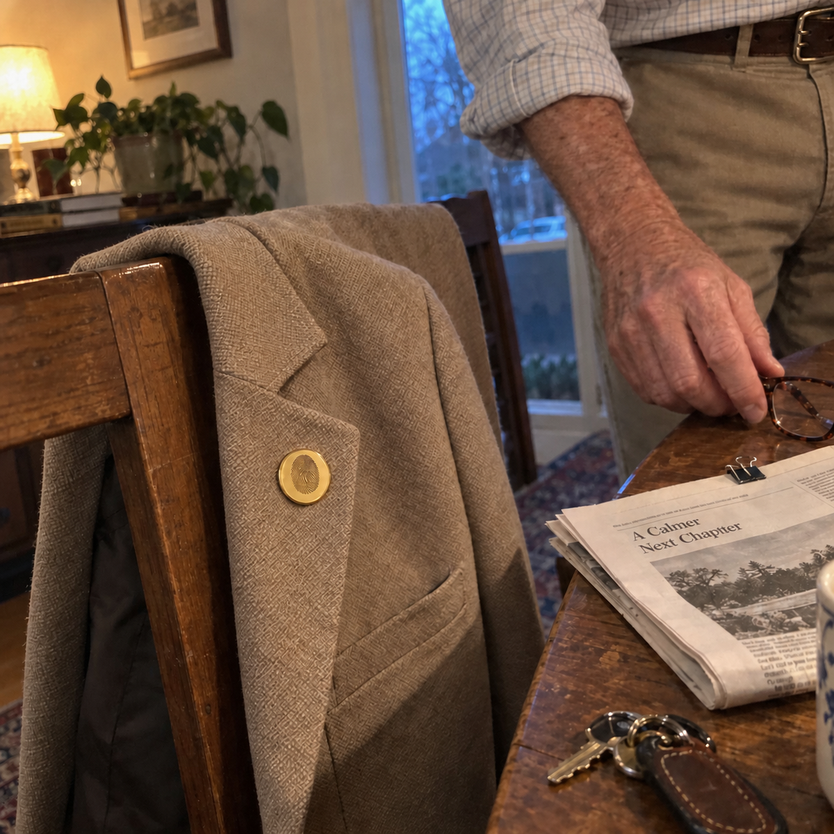 Custom Fingerprint Lapel Pin UGC photo - gold fingerprint pin on jacket lapel hung on chair at home Anthology Jewelry