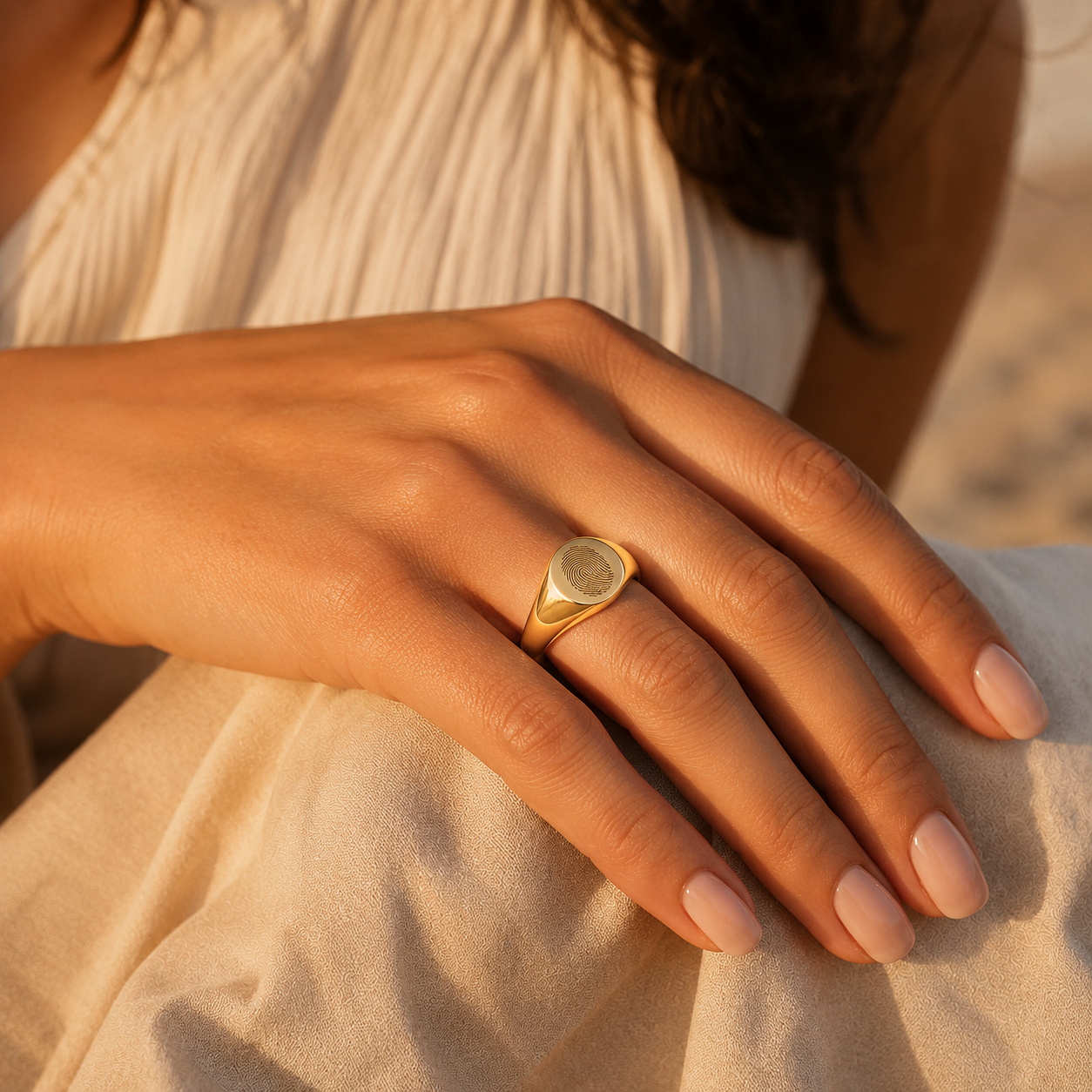 Custom Fingerprint Signet Ring close up detail - engraved fingerprint ring Anthology Jewelry