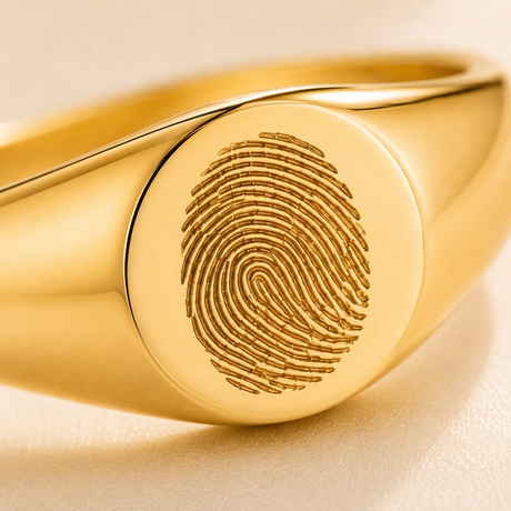 Custom Fingerprint Signet Ring worn on hand - personalized fingerprint ring Anthology Jewelry