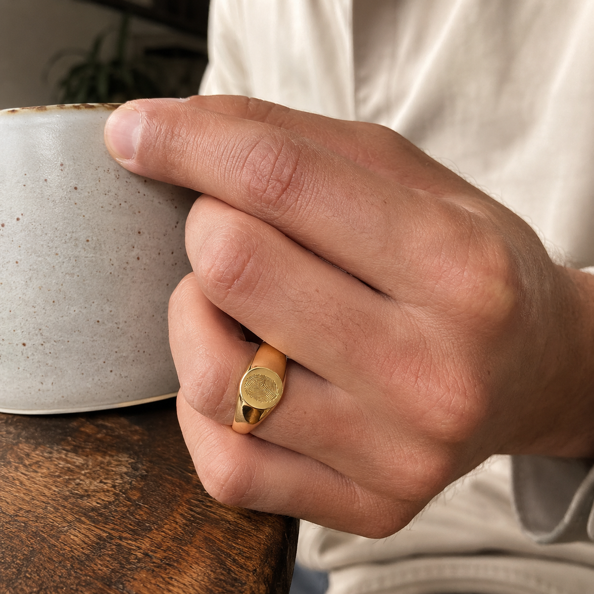 Custom Fingerprint Ring worn lifestyle photo - Anthology Jewelry Company