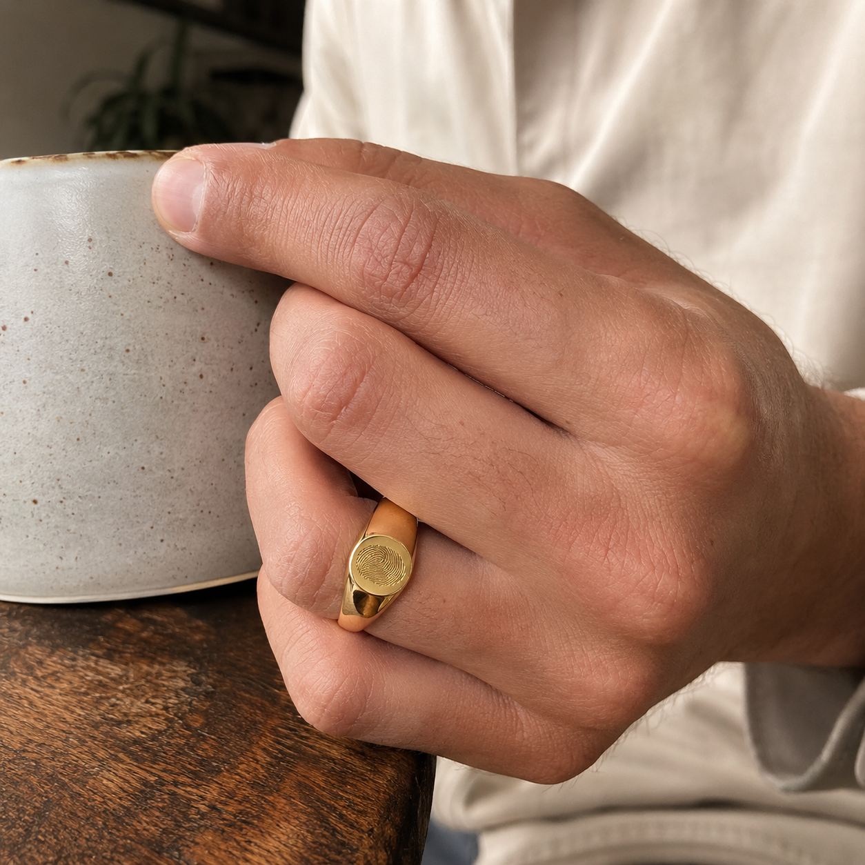 Custom Fingerprint Ring worn lifestyle photo - Anthology Jewelry Company