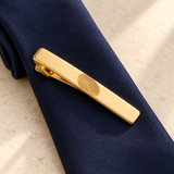 Custom Fingerprint Tie Clip glamour 1 photo - gold tie clip styled on navy silk Anthology Jewelry