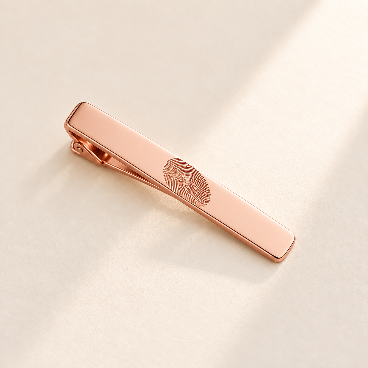 Custom Fingerprint Tie Clip hero rose gold photo - rose gold tie clip with fingerprint engraving Anthology Jewelry
