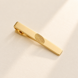 Custom Fingerprint Tie Clip hero photo - gold tie clip with fingerprint engraving Anthology Jewelry