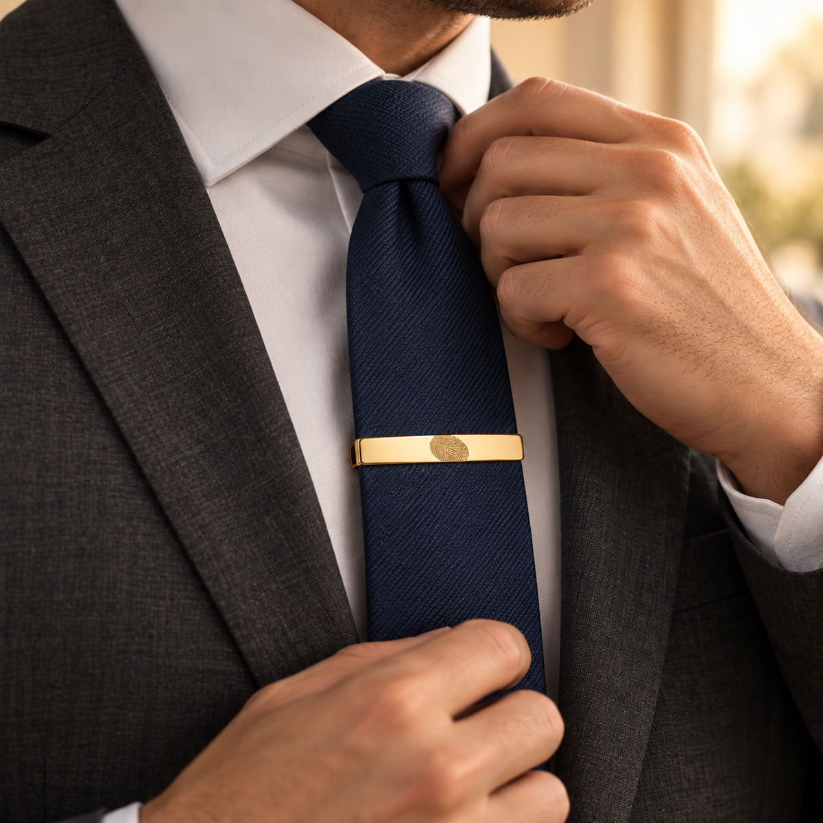 Custom Fingerprint Tie Clip lifestyle 2 photo - fingerprint tie clip worn with navy tie Anthology Jewelry