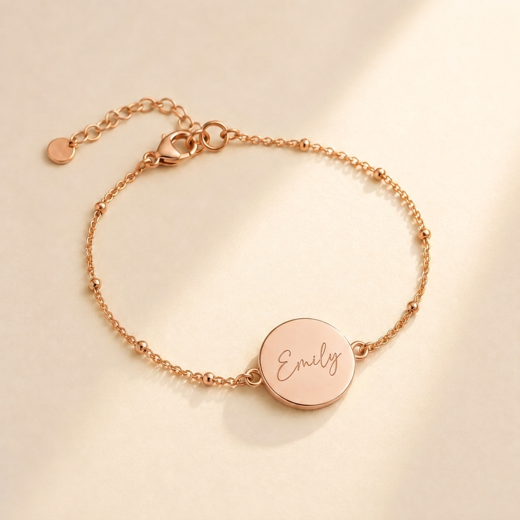 Custom Handwriting Bracelet Disc Pendant hero photo - rose gold disc bracelet engraved with handwriting Anthology Jewelry