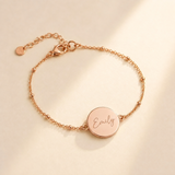 Custom Handwriting Bracelet Disc Pendant hero photo - rose gold disc bracelet engraved with handwriting Anthology Jewelry