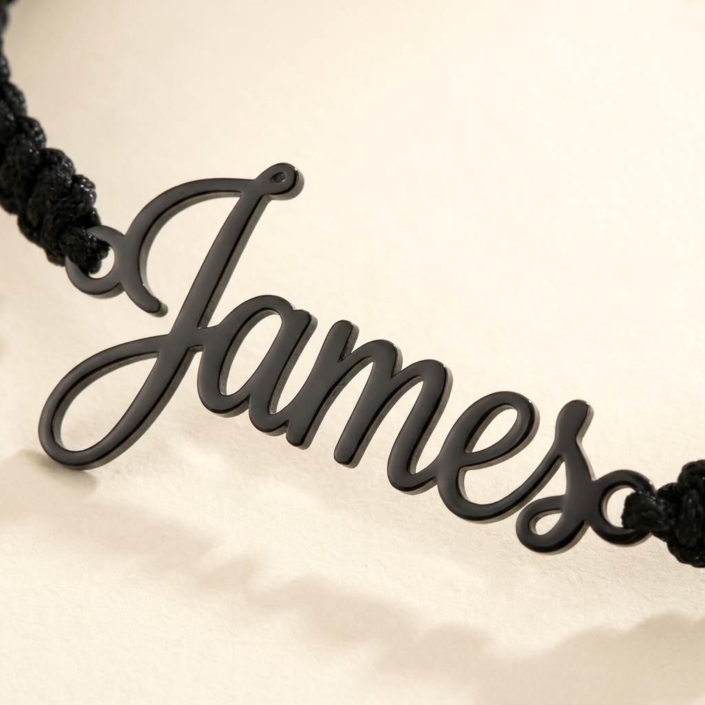 Custom Handwriting Bracelet Men's Braided Cord detail photo - close up of open cursive cut-out name charm Anthology Jewelry
