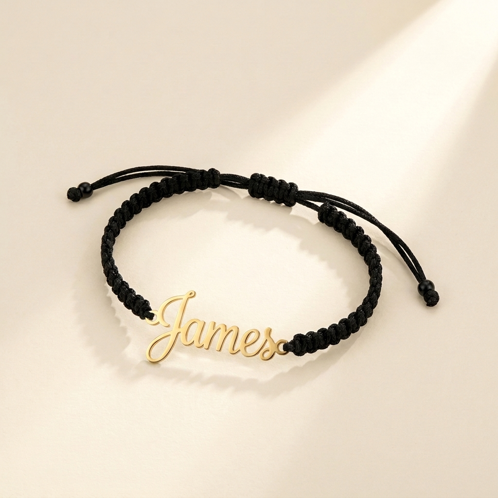 Custom Handwriting Bracelet Men's Braided Cord gold hero photo - open cursive cut-out name charm gold finish Anthology Jewelry