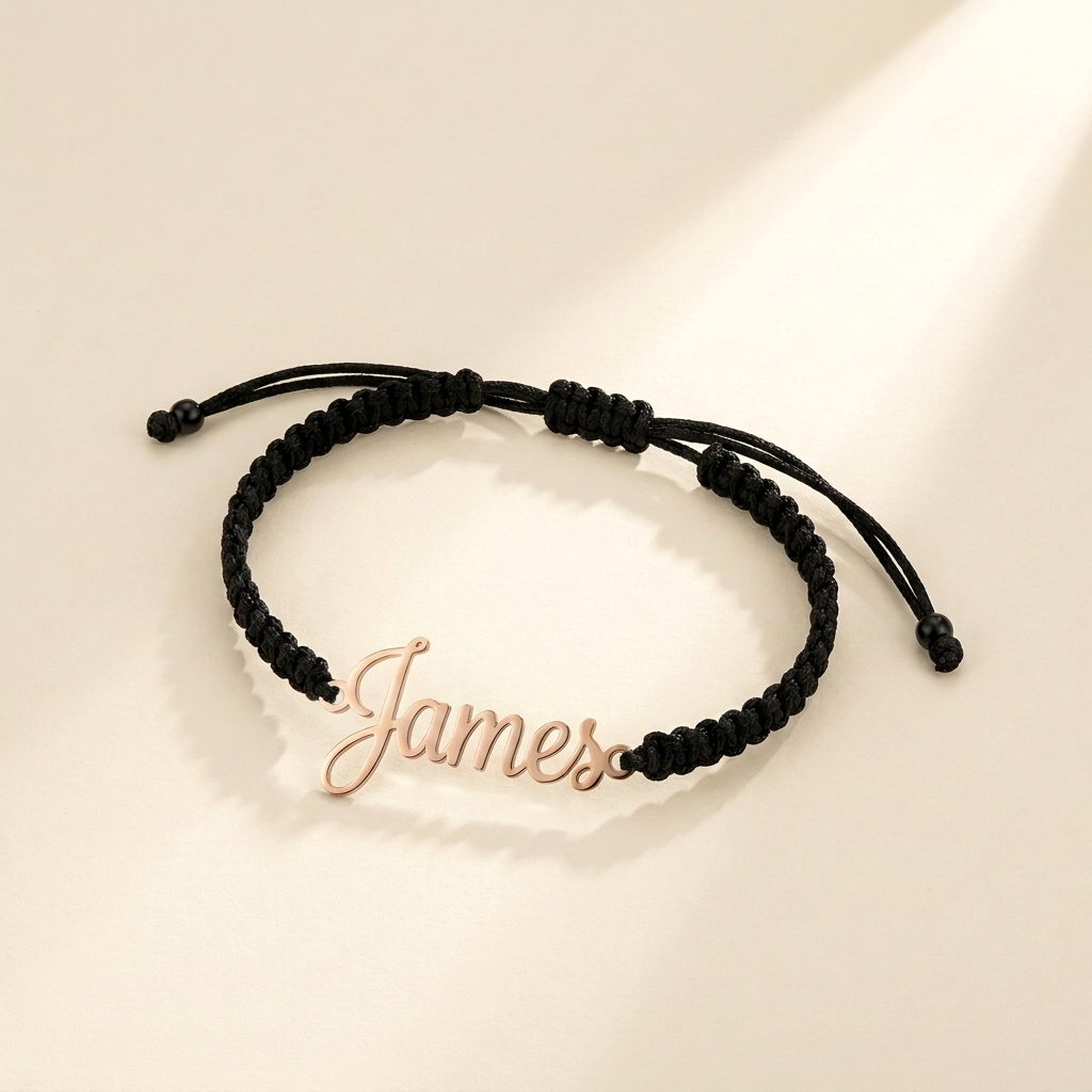 Custom Handwriting Bracelet Men's Braided Cord rose gold hero photo - open cursive cut-out name charm rose gold finish Anthology Jewelry