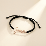 Custom Handwriting Bracelet Men's Braided Cord rose gold hero photo - open cursive cut-out name charm rose gold finish Anthology Jewelry