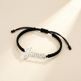 Custom Handwriting Bracelet Men's Braided Cord silver hero photo - open cursive cut-out name charm silver finish Anthology Jewelry
