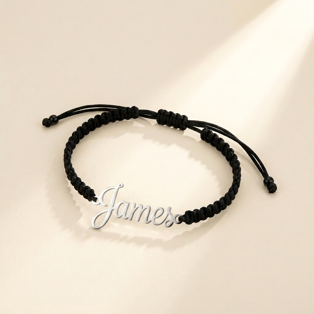 Custom Handwriting Bracelet Men's Braided Cord silver hero photo - open cursive cut-out name charm silver finish Anthology Jewelry