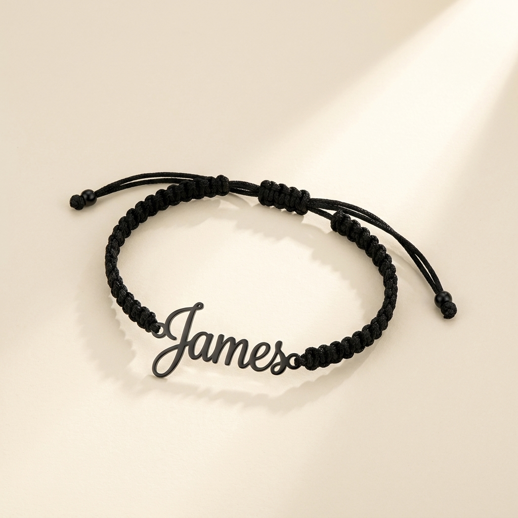 Custom Handwriting Bracelet Men's Braided Cord black hero photo - open cursive cut-out name charm on black woven cord Anthology Jewelry