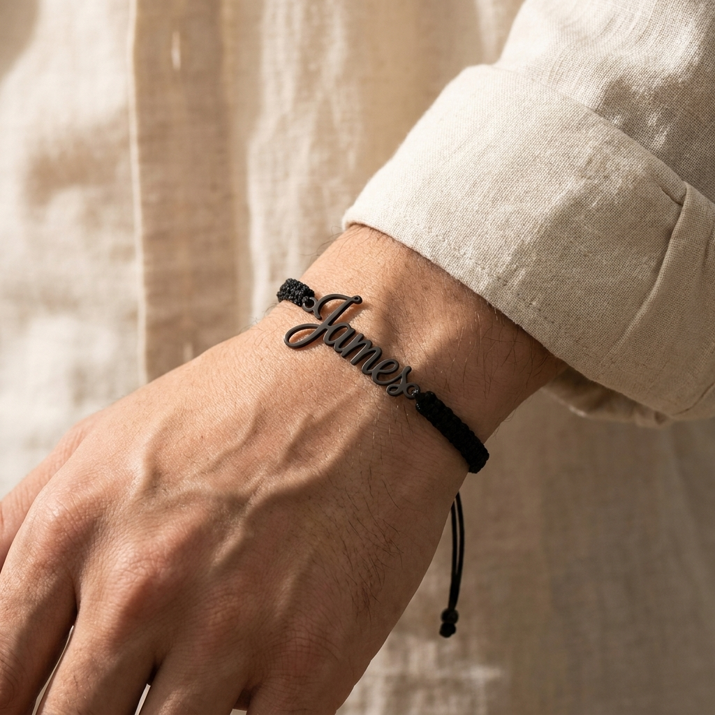 Custom Handwriting Bracelet Men's Braided Cord lifestyle photo - worn on man's wrist Anthology Jewelry