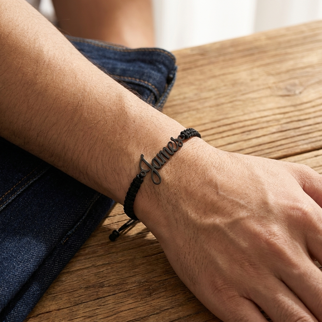 Custom Handwriting Bracelet Men's Braided Cord lifestyle photo - worn on wrist resting on table Anthology Jewelry