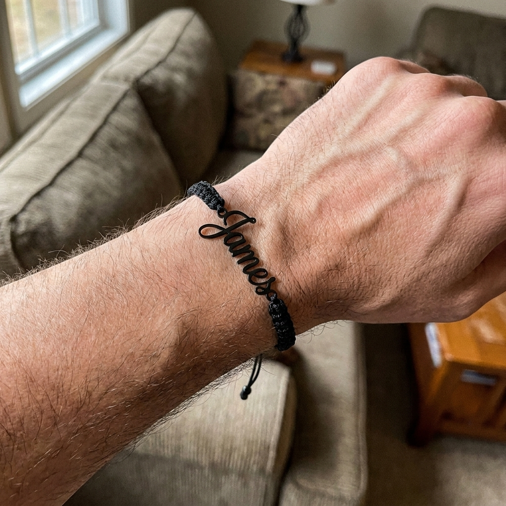 Custom Handwriting Bracelet Men's Braided Cord UGC photo - candid worn photo Anthology Jewelry