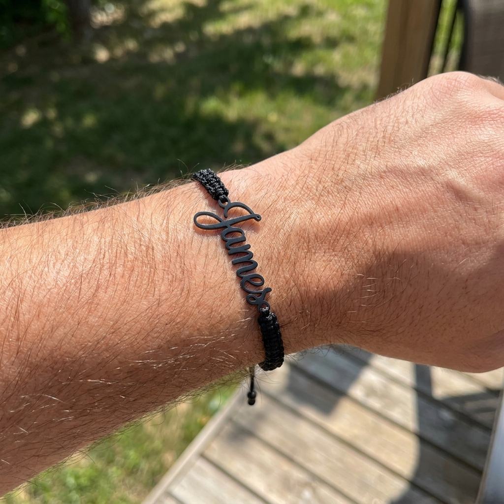 Custom Handwriting Bracelet Men's Braided Cord UGC photo - outdoor candid worn photo Anthology Jewelry