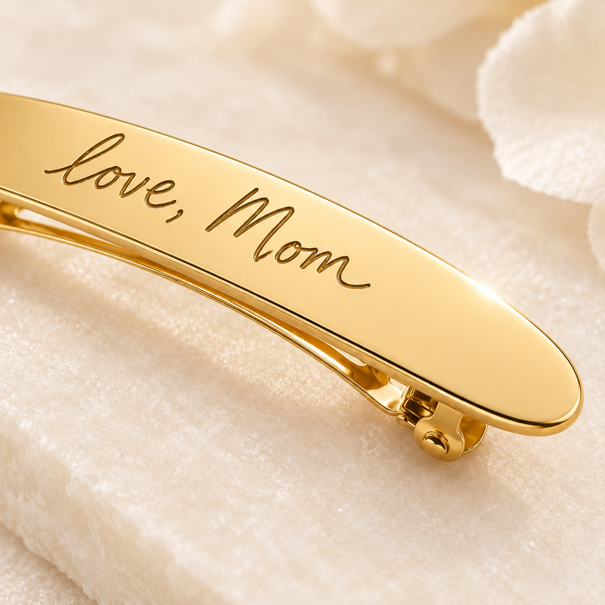 Custom Handwriting Hair Barrette detail photo - macro closeup of engraved handwriting on gold barrette Anthology Jewelry