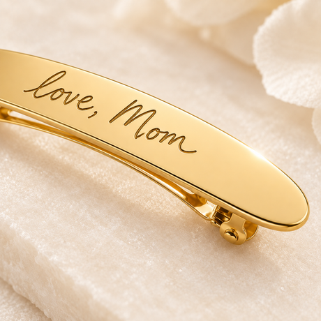 Custom Handwriting Hair Barrette detail photo - macro closeup of engraved handwriting on gold barrette Anthology Jewelry