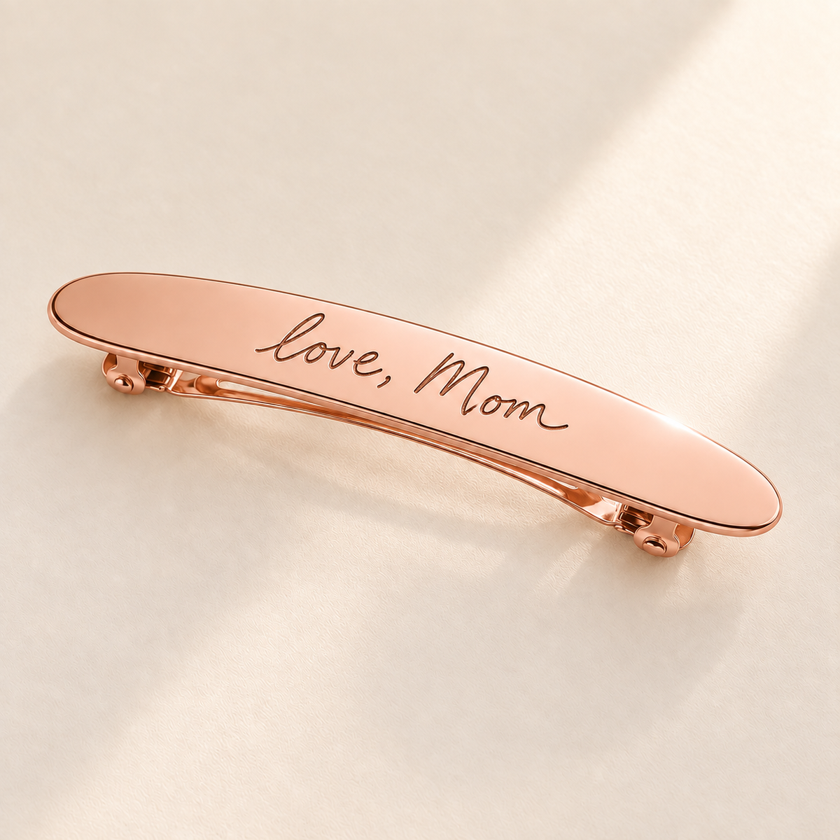 Custom Handwriting Hair Barrette hero photo - rose gold handwriting hair barrette on cream background Anthology Jewelry